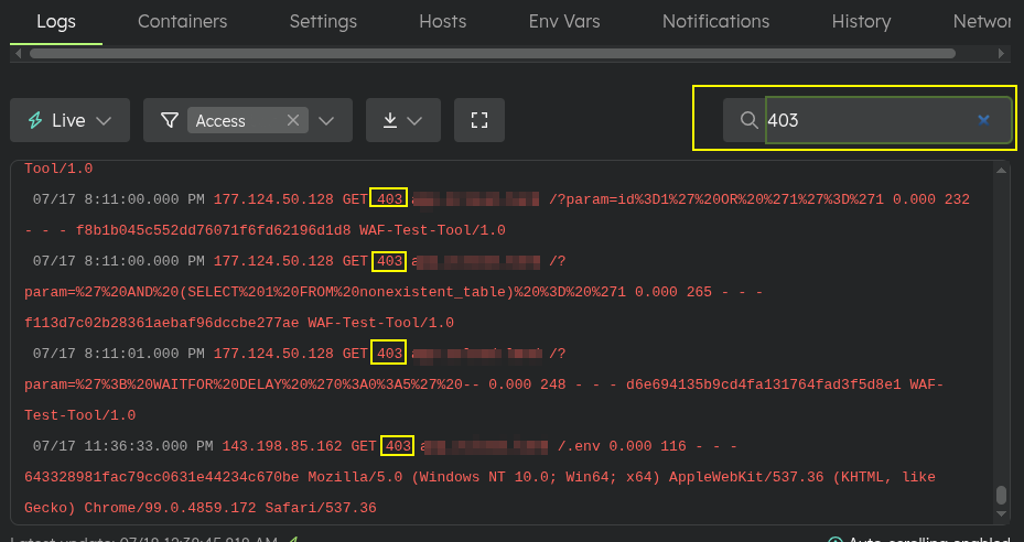 Access log search filter